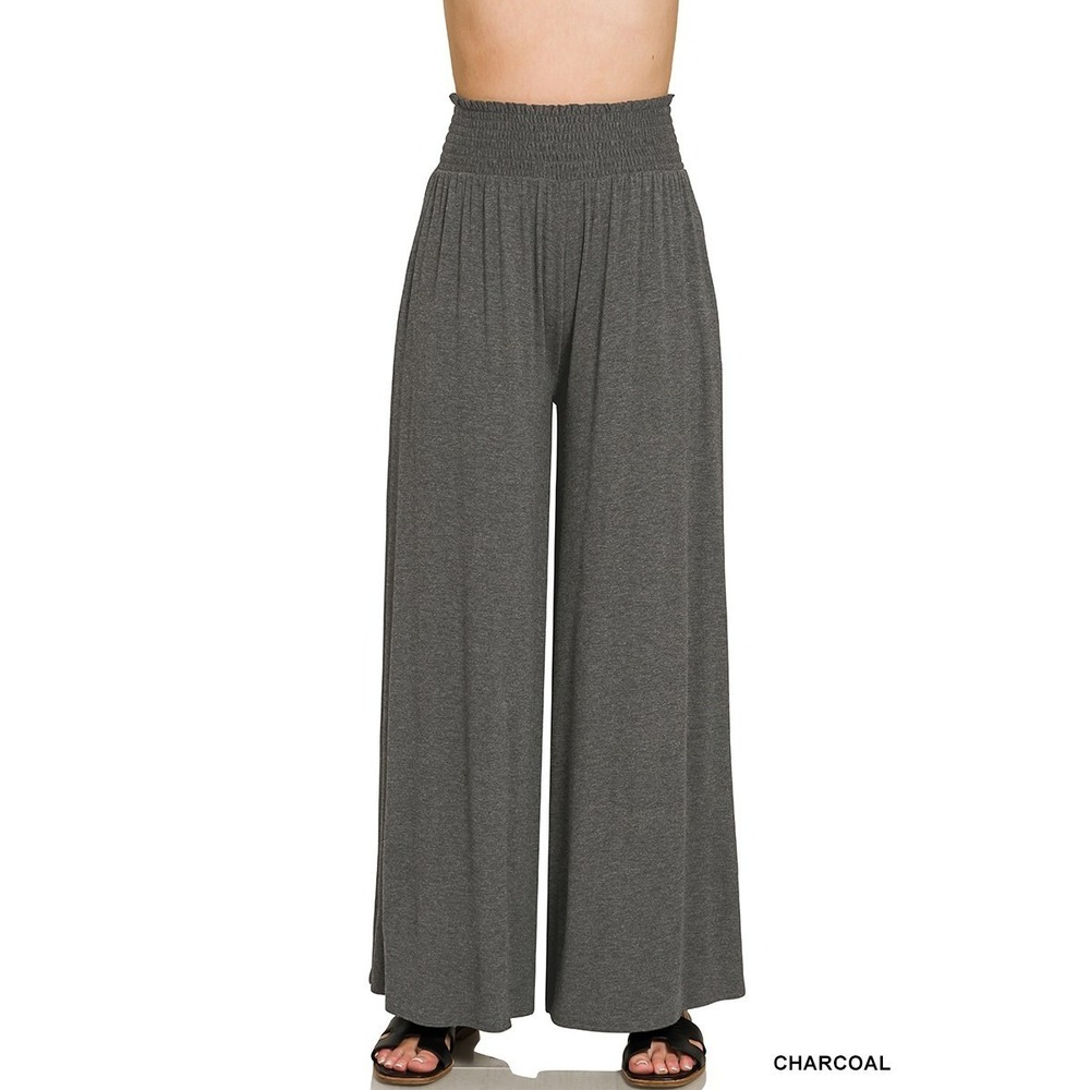 Zenana Smocked Waist Wide Leg Palazzo Pants - Charcoal - Medium
